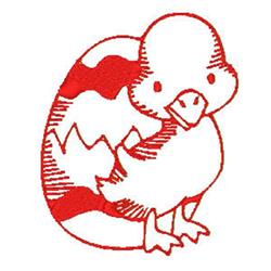 Redwork chick emerging from a red-patterned egg, featuring bold red outlines, playful and perfect for Easter.