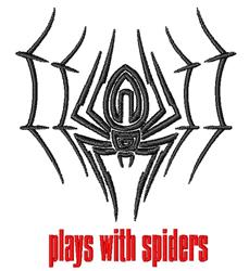Bold spider design with a graphic web backdrop, featuring the phrase 'plays with spiders' in striking red.