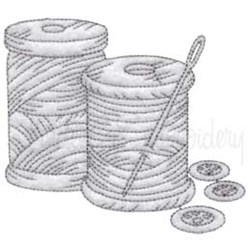 Redwork spools of thread with detailed line work, a needle in between, and two buttons nearby.