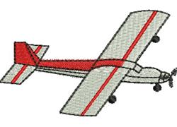 Simple airplane design featuring a light gray body and red stripe, showcasing a propeller and minimalist style.