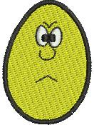 Angry yellow egg with exaggerated features, cartoonish style, outlined in black, perfect for playful designs.