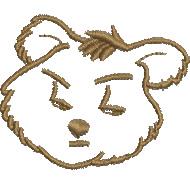 Cartoon bear face with a tuft of hair, playful expression and outline stitching, perfect for kids' decor.