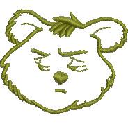 Playful bear head with a slightly annoyed expression in shades of green, designed for whimsical machine embroidery.