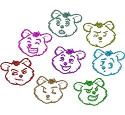 Colorful cartoon bear head designs displaying happy, angry, and confused expressions with vibrant outlines.