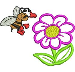 Playful bee with a striped body and red feet hovering next to a vibrant flower with pink outline and yellow center.
