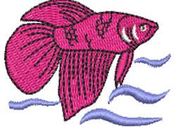 Vibrant pink betta fish with flowing fins and blue wave accents, suitable for playful embroidery designs.