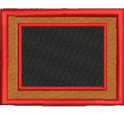 Blank label or patch frame with a bold black center, vibrant red border, and elegant golden element. Ideal for customization.