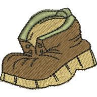 Playful brown boot with green trim and textured sole, perfect for machine embroidery designs.