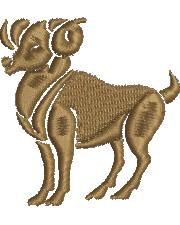 Cartoon dog with a curly tail and distinctive horns, designed in simple brown tones, perfect for playful embroidery.