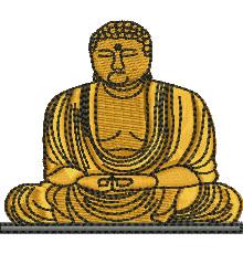 Buddha statue in golden robe with intricate details, calm expression, and sitting posture. Ideal for meditation decor.