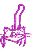 Playful cat head in pink outline with cartoonish features, large eyes, and whiskers. Perfect for embroidery.