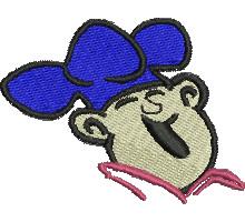 Cheerful cartoon chef character in a blue hat and pink scarf, smiling brightly, perfect for playful kitchen decor.