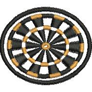 Circular dartboard design featuring bold black, gold, and white geometric patterns, perfect for themed embroidery.