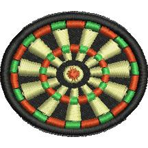 Applique circular dartboard with vibrant green stripes, red accents, and a bold black outline.