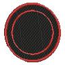 Circular patch with a black textured background and bold red outline, featuring modern and minimalistic design.