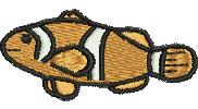 Applique clownfish with vibrant orange body, white stripes, and black outlines in a whimsical cartoonish style.