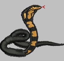 Realistic coiled snake with a black body, yellow stripes, and a red tongue, perfect for nature-inspired decor.