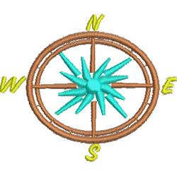 Nautical compass rose design with a turquoise star, light brown circle, and bright yellow cardinal directions.