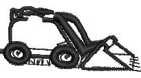 Cartoon construction vehicle with a large bucket and big wheels, outlined in black for a playful design.