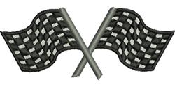 Crossed checkered flags in bold black and white with realistic texture, conveying movement and energy.
