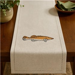 Realistic fish table runner featuring intricate embroidery in warm orange and brown hues, enhancing natural decor.