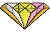 Stylized diamond in vibrant geometric design with yellow, pink, and white facets outlined in black.