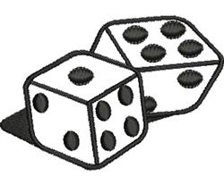 Two playful dice with black outlines and white faces, displaying distinct dots at an angle on a simple design.