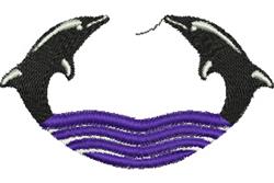 Stylized dolphins leaping above vibrant purple waves, showcasing dynamic motion in a colorful design.