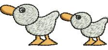 Cartoon ducks with light gray bodies, orange beaks, and yellow feet, capturing a playful vibe.