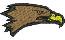 Stylized eagle head in brown with a fierce expression and yellow beak outlined in black, suitable for sports.