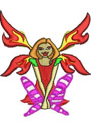Vibrant fairy with flame-like wings, colorful dress, and magical wands, ideal for fantasy embroidery.