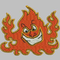 Playful cartoon flame character with a mischievous smile, vibrant orange color, and bold yellow outlines.
