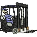 Cartoon forklift with a smiling operator in blue and white, featuring detailed forks and wheels, perfect for playful designs.