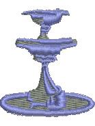 Fountain with flowing water in shades of lavender and gray, featuring intricate detailing and an ornate base.