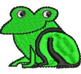 Playful frog in vibrant green with large eyes and a rounded body, perfect for children's clothing.