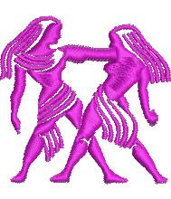 Vibrant modern embroidery of Gemini zodiac sign with two pink figures, flowing hair, and dynamic poses.