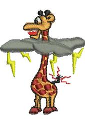 Playful giraffe standing under storm clouds with bright yellow lightning bolts, perfect for kids' items.
