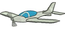 Sleek gray airplane with blue cockpit and detailed propeller, ideal for machine embroidery projects.