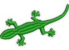 Playful green lizard with detailed limbs in a cartoonish style, perfect for machine embroidery.