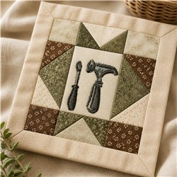 Hand tools with a rustic aesthetic, featuring a hammer and screwdriver on green and brown fabrics, framed by a cream border.