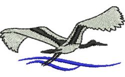 Realistic heron in mid-flight with spread wings, white body and black stripes gliding over blue waves.