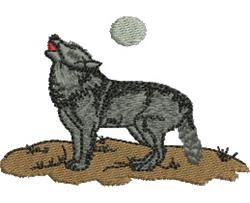 Realistic wolf howling with detailed gray fur on brown ground beneath a circular moon, illustrating a nocturnal theme.