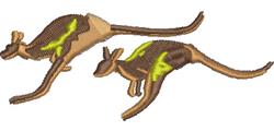 Cartoon kangaroo duo in brown with yellow and green accents, playfully leaping in motion, ideal for vibrant decor.