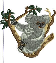 Realistic koala clinging to a brown branch, showcasing detailed gray fur and surrounded by vibrant green leaves.