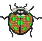 Cartoon ladybug with a bright red body, large green spots, and a black head; playful design for home decor.