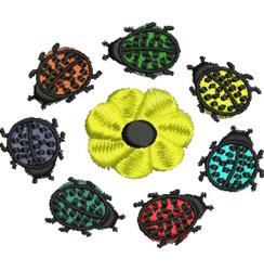 Colorful ladybug applique design with orange, green, and blue shades, encircling a bright yellow flower.