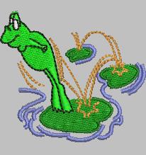 Cartoonish frog mid-leap over green lily pads, creating playful water splashes in a vibrant aquatic scene.