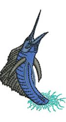 Realistic blue marlin leaping from turquoise waves, showcasing vibrant fins and intricate detailing.