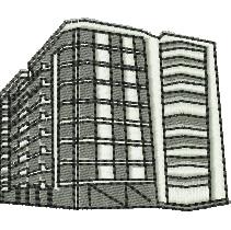 Modern building with geometric shapes and linear details, featuring gray and white colors in a sleek architectural style.