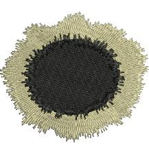 Decorative patch with a black oval center, frayed beige edge, and layered texture, offering a modern look.
